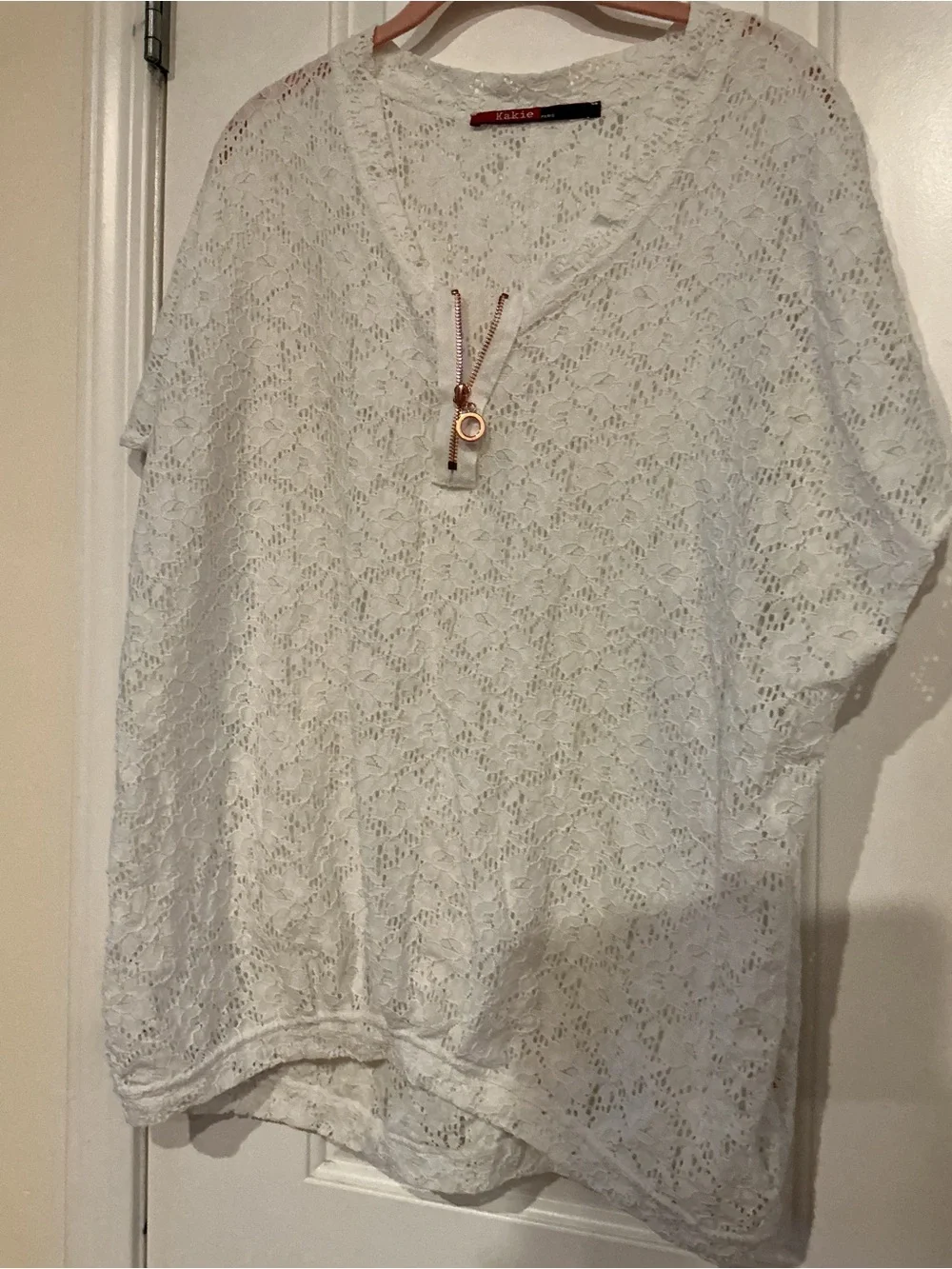 White Lace Eyelet V-Neck Short Sleeve Cover Up Top - T3 or US 8/10